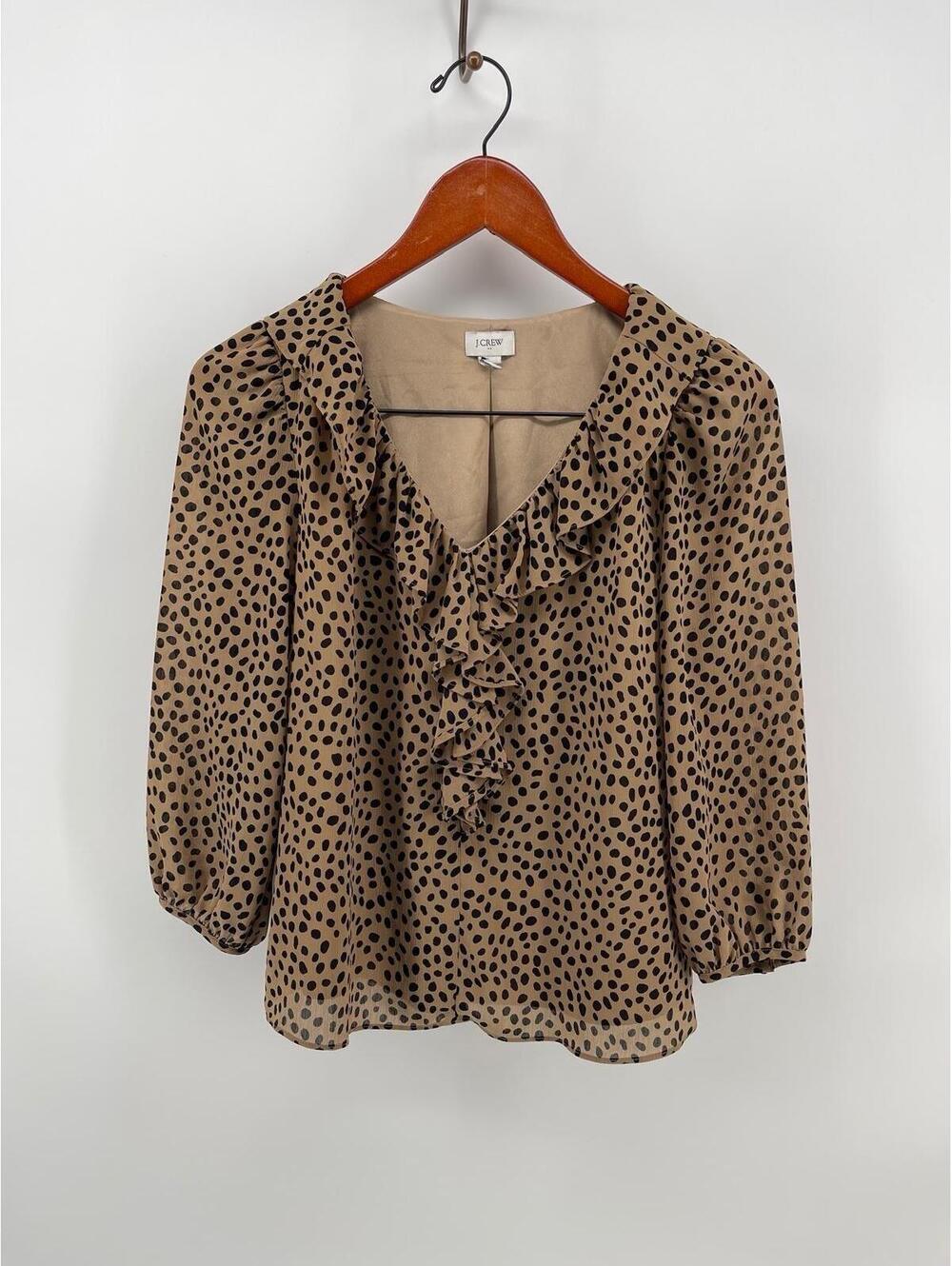 J Crew Women’s Small Animal Print Ruffle Blouse 3/4 Sleeve Sheer Top